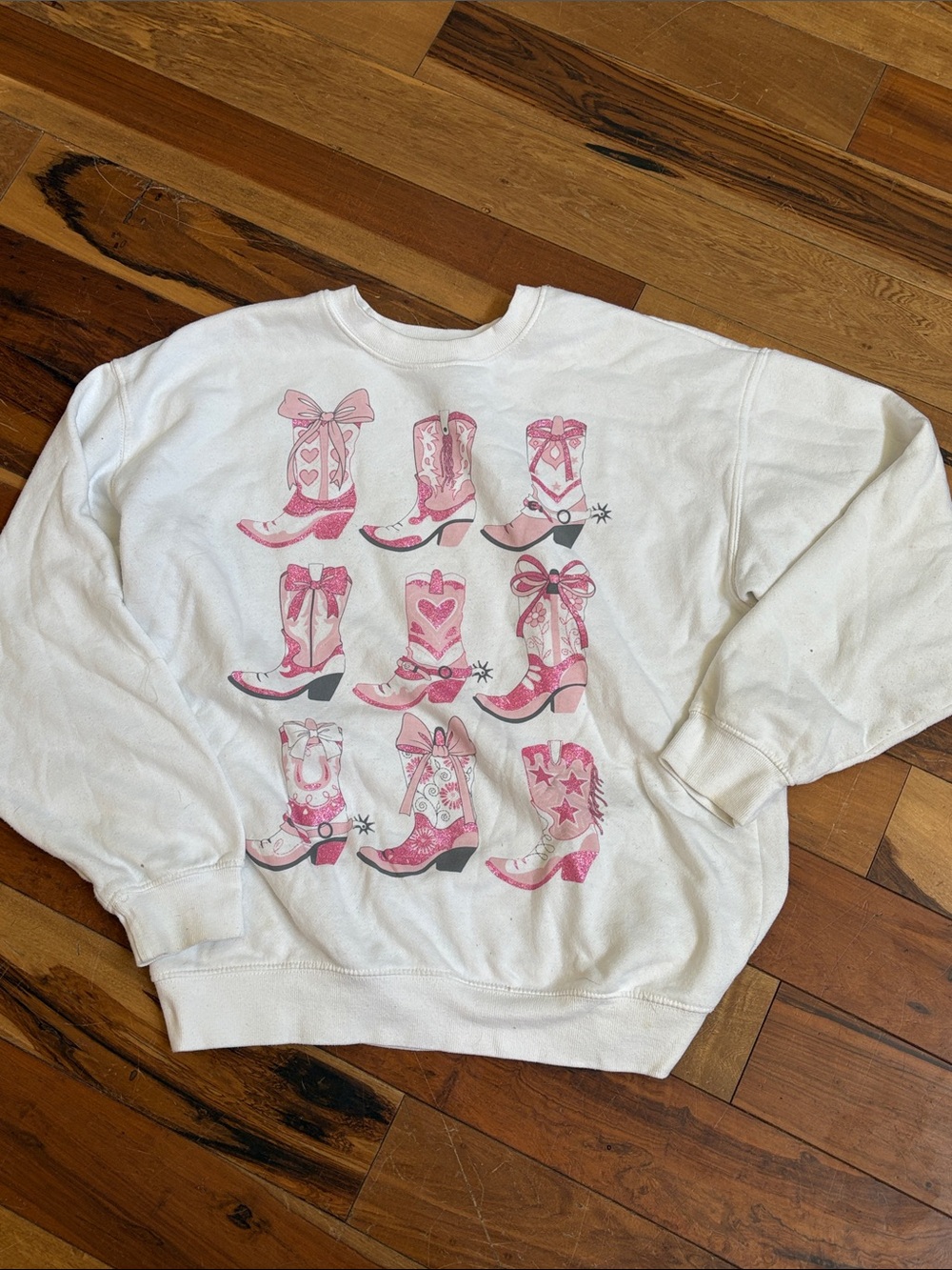 White Graphic Sweatshirt with Pink Cowboy Boots Design